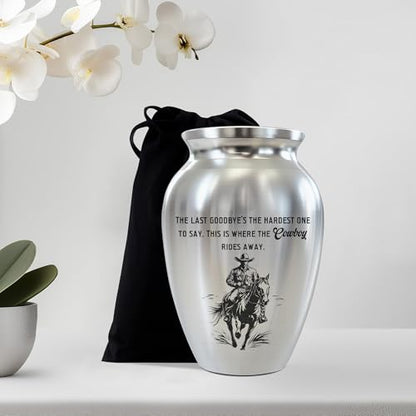 Cowboy Mini Keepsake Urn, Stainless Steel Small Memorial Urn for Human Ashes, Decorative Funeral Urn with Engraved Western Cowboy Boots and Hat with Cross, 2.56" Small Remembrance Vessel