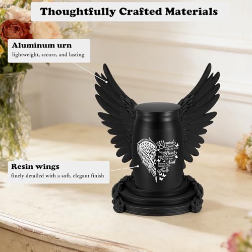 Abooxiu Small Urns for Human Ashes 2.76 Inches Mini Urn Aluminium Small Keepsake Urns with Angel Wings, Memorial Cremation Urn with 3D Printed Wing Frame, Sympathy Remembrance Urn for Loved One, Black