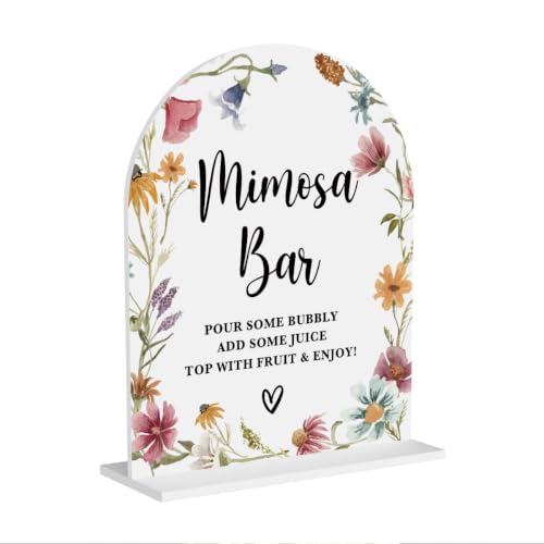 Acrylic Wedding Signs, Bridal Shower Decorations, Mimosa Bar Signs for Reception, Modern Calligraphy White Arch Wildflowers Acrylic Table Top Sign for Wedding and Engagement Parties 8x10 Inch - color: Mimosa Bar