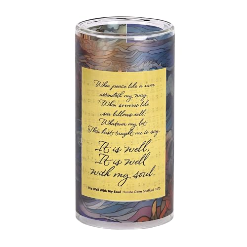 Dicksons, Classic Hymns, Inspirational Christian, Medium, 8 inch Tall Glass Holder, Full Wrap Print, Includes LED 3 inch Round Pillar Candle, It is Will with My Soul