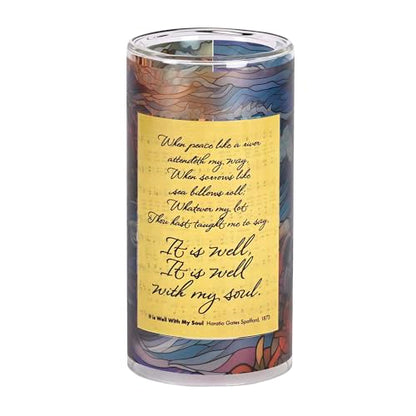 Dicksons, Classic Hymns, Inspirational Christian, Medium, 8 inch Tall Glass Holder, Full Wrap Print, Includes LED 3 inch Round Pillar Candle, It is Will with My Soul