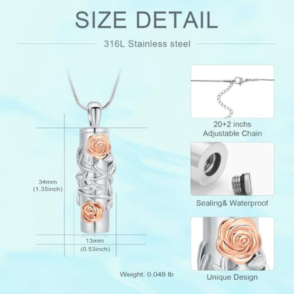 Cylinder Urn Necklace for Ashes Roseflower Cremation Jewelry Urn Ashes Necklace for Women Men Memorial Keepsake Necklace of Loved One - color: Silver-Rosegold