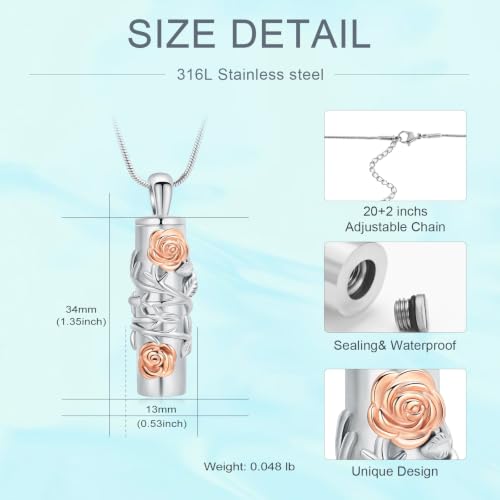 Cylinder Urn Necklace for Ashes Roseflower Cremation Jewelry Urn Ashes Necklace for Women Men Memorial Keepsake Necklace of Loved One - color: Silver-Rosegold