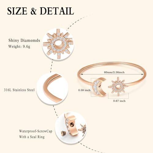 Oinsi Sun Moon Crescent Cuff Urn Bracelet Mental Bangle for Ashes Keepsake Opening Bracelet for Women and Men Urn to Hold Ashes for Love one - color: Rose Gold