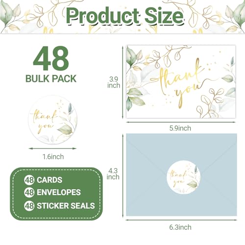 48 Pack Green Thank You Cards With Envelopes, Eucalyptus Leaves Thank You Card, Summer Wedding Bridal Appreciation Banquet, Baby Shower, Graduation Ceremony, Birthday Greeting Letter, Blank Cards and Envelopes 4x6 Inch - style: 48pcs - Gold Leaf