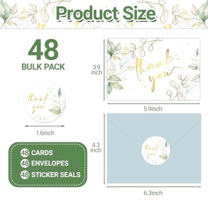 48 Pack Green Thank You Cards With Envelopes, Eucalyptus Leaves Thank You Card, Summer Wedding Bridal Appreciation Banquet, Baby Shower, Graduation Ceremony, Birthday Greeting Letter, Blank Cards and Envelopes 4x6 Inch - style: 48pcs - Gold Leaf