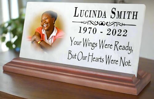Broad Bay Loved One Memorial with Picture Celebration of Life Memorial Plaque Custom Photo Marble Remembrance - Your Wings were Ready But Our Hearts were Not 8" x 4"' - color: Your Wings Were Ready