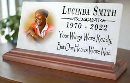 Broad Bay Loved One Memorial with Picture Celebration of Life Memorial Plaque Custom Photo Marble Remembrance - Your Wings were Ready But Our Hearts were Not 8" x 4"' - color: Your Wings Were Ready