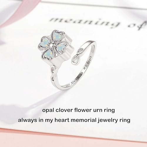ZOEXUE Four Leaf Clover Cremation Urn Ring for Women, 925 Sterling Silver Adjustable Open Memorial Keepsake Ring with Opal Stones, Holds Ashes Bereavement Sympathy Gift - color: White