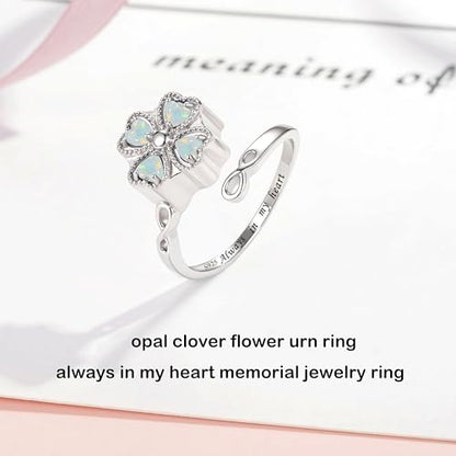 ZOEXUE Four Leaf Clover Cremation Urn Ring for Women, 925 Sterling Silver Adjustable Open Memorial Keepsake Ring with Opal Stones, Holds Ashes Bereavement Sympathy Gift - color: White