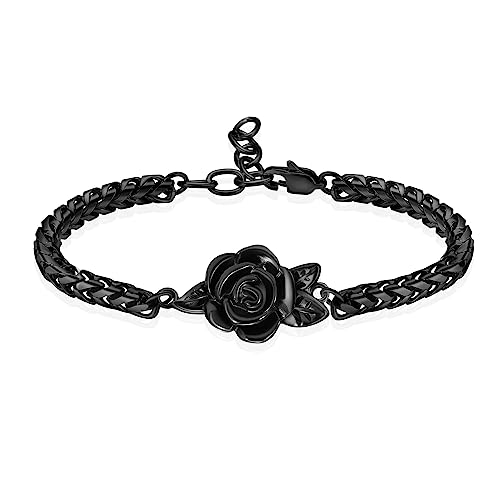 Minicremation Women's Adjustable Rose Urn Bracelet Ashes Holder Memorial Elegant Link Chain Keepsake Cremation Bangle to Hold Ashes - color: Black-A
