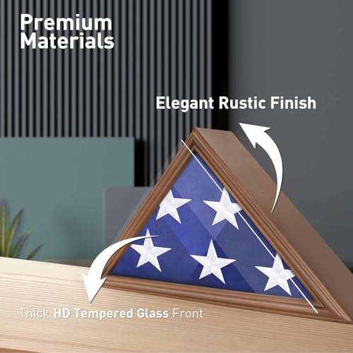 ASmileIndeep Flag Display Case - 5' x 9.5' Funeral & Military Flag Shadow Box with HD Tempered Glass and Wall Mount, Folded Triangle Flag Holder Frame for Veterans, Walnut - size: For 5' x 9.5' Flag-Walnut