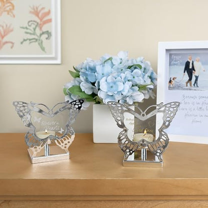 Pavilion Gift Company- Butterflies - 4.75" Silver Butterfly Shaped Tealight Holder Tealight Candle Memorial Bereavement Remembrance Funeral Home Decor