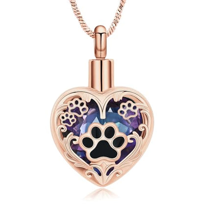 Yinplsmemory Pet Urn Necklace Pendant Jewelry for Dog Cat Memorial Crystal Heart Cremation Jewelry with Paw Print Ashes Keepsake Funeral Jewelry - color: Rose gold-purple