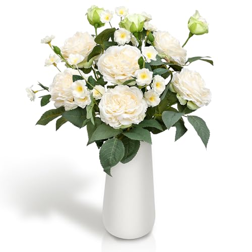 16’’ Faux Flowers in Vase, Dining Table Centerpieces Decor | White Ceramic Vase with Silk Fake Flower Plants, Peonies Flowers Bouquet, Living Room Home Indoor Decor, White - color: Ivory