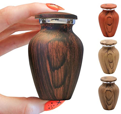 Walnut Finish Keepsake Urns – 4‑Pack Keepsake Urns for Ashes | Metal with Wood‑Grain Finish, Felted Bottom, Mini Memorial Urns Set - color: Walnut