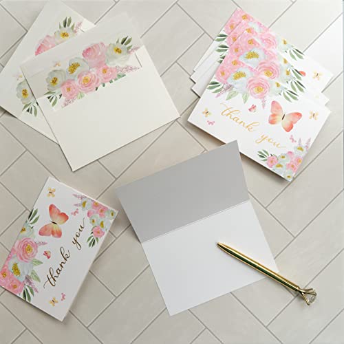 Gooji 4x6 Butterfly Pink Floral Thank You Cards with Envelopes (Bulk 20-Pack) Matching Peel-and-Seal Envelopes, Watercolor, Birthday Party, Baby Shower, Weddings, Greeting - color: Pink, White, Green