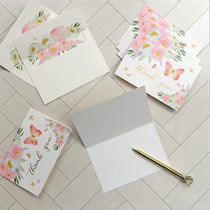 Gooji 4x6 Butterfly Pink Floral Thank You Cards with Envelopes (Bulk 20-Pack) Matching Peel-and-Seal Envelopes, Watercolor, Birthday Party, Baby Shower, Weddings, Greeting - color: Pink, White, Green