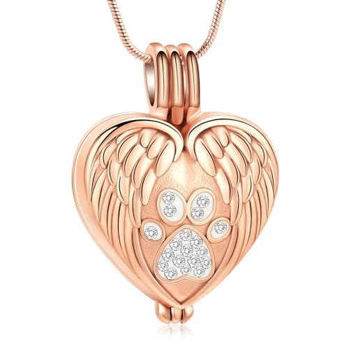zeqingjw Pet Cremation Jewelry for Ashes Pendant Paw Print Pet Heart Urn Necklace Memorial Keepsake Jewelry for Pet/Dog's/Cat's Ashes - color: Wing Heart-Rose Gold