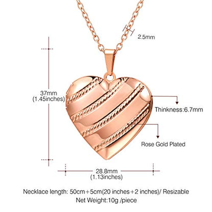 U7 Women Locket Necklace, Heart Photo Lockets Hold Picture, Gift Box Packed | Gold/Silver/Rose Locket Charm, Custom Picture and Engravement Heart Pendant, 20" Chain, Personalized Gift for Mom Wife Friend - color: 05# Rose Gold Stripe