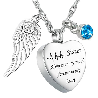 Gredstar Heart Urn Necklace for Ashes, ECG Memorial Pendant | Heartbeat Line, Angel Wing, 12 Birthstones, Stainless Steel, Screw Closure, Funnel & Box Included - style: Sister