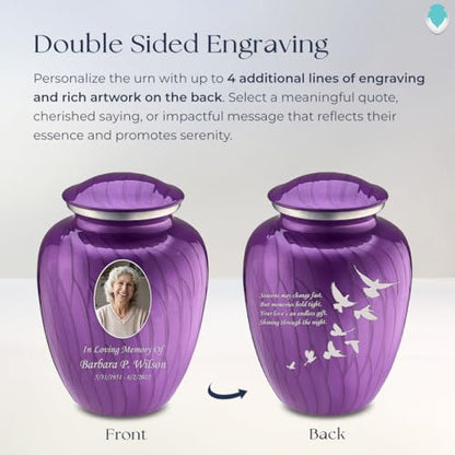 Embrace Adult Personalized Doves Cremation Urns for Human Ashes I Large Picture Pearl Purple Funeral Urn for Adult Men and Women with Double Side Engraving I 200 lbs - color: _Pearl Purple (Double Sided)