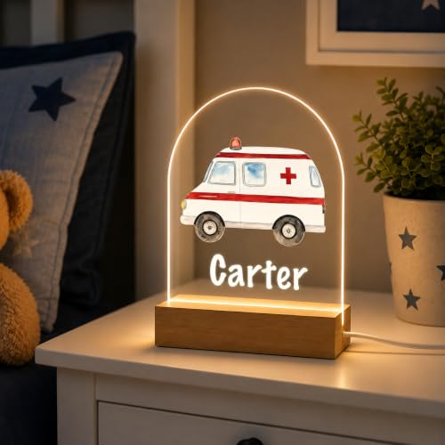 MIRROR MANIA Personalized Ambulance Night Light for Kids – Custom Name LED Nursery Lamp, Watercolor Acrylic Table Light with Wood Base, Soft White Glow, Bedroom Decor for Boys & Girls, Made in USA