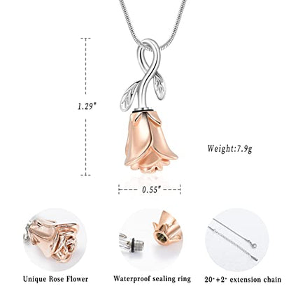 Rose Flower Cremation Urn Necklace for Ashes Stainless Steel Memorial Cremation Ash Jewelry Keepsake Pendant Necklace for Women Girl - color: Rose Gold