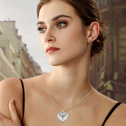 MicLee Women Photo Locket Necklace 925 Sterling Silver Heart Shape Feather Wings Pattern Picture Locket Necklace - color: Silver