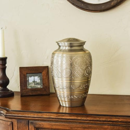 AspenStudio Platinum Brass Cremation Urn for Adult Human Ashes - Large Handcrafted Funeral Memorial Urns Brass Urn Capacity 225 lbs