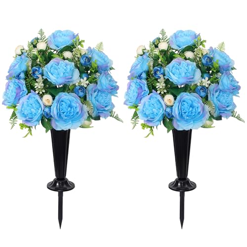 Wocst 2Sets Grave Decorations for Cemetery Memorial Flowers with Vases for Grave Decor Weatherproof,NO-Fading - color: Blue