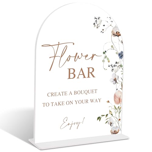 Boho Floral Flower Bar Sign, Arch Acrylic Sign with Stand, Wedding Signage for Reception, Bridal Shower Table Decor, Engagement Party Decorations, Wedding Must Haves for Reception, 6x8 Inches, 03 - color: Flower Bar Sign, 03