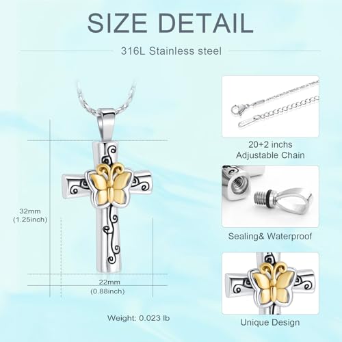 Butterfly Cross Urn Necklace for Ashes Birthstone Cremation Jewelry for Men Women Ashes Pendant Keepsake Memorial Ash Jewelry - color: Gold