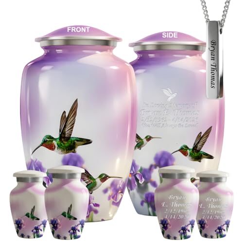 Set of 6 Hummingbird Custom Engraved Decorative Funeral Urns for Ashes Adult Male & Female Includes 1 Large Urn with 4 Small Keepsakes & 1 Silver NecklaceUrn(White Hummingbird Custom, Urns) - color: White Hummingbird Custom Set