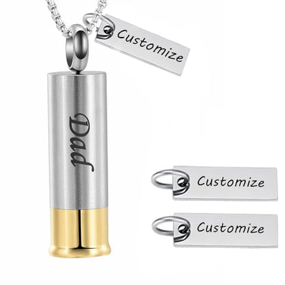 Oinsi Shotgun Shell Cremation Jewelry Urn Necklace For Ashes Of Loved Ones -Dad/Mom/Son/Grandma/Grandpa Cylinder Memorial Locket Pendant Necklace - color: Customized