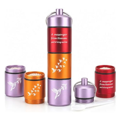 3-Tier Scattering Urn, Stackable Travel Urn TSA Approved, Aluminum Alloy | Hummingbird carving pattern, Thread Sealing, Metal Hanging Loop, for Sharing Ashes, Travel Memorials, and Scattering - color: 3 Layer