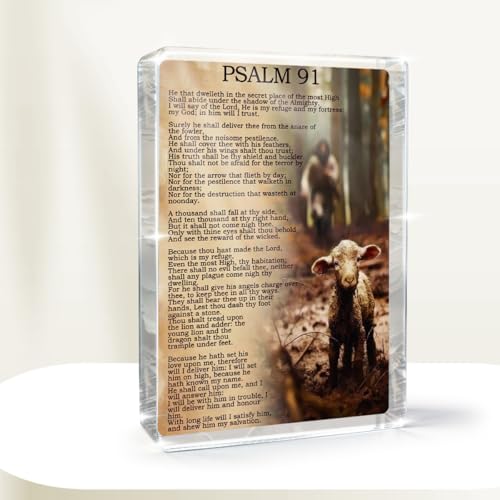 Psalm 91 Bible Verse Biblical Scripture Religious Wall Art Christian Acrylic Desk Decor, Lamb of God Painting Print Acrylic673 Sign Baptism Gifts for Living Room Bedroom Church Desktop Decoration - color: Psalm91, size: 4.1x.3.1