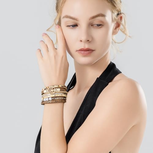 Tree of Life Inspirational Leather Wrap Bracelets Boho Western Cowgirl Cuff - color: Beige Cheetah