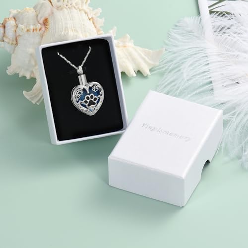 Yinplsmemory Pet Urn Necklace Pendant Jewelry for Dog Cat Memorial Crystal Heart Cremation Jewelry with Paw Print Ashes Keepsake Funeral Jewelry - color: Silver-blue