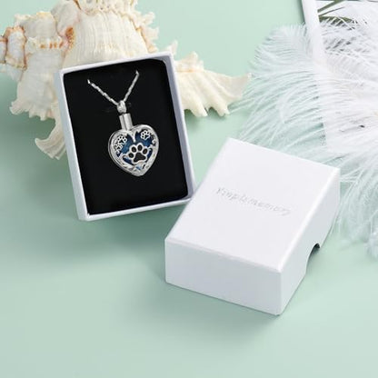 Yinplsmemory Pet Urn Necklace Pendant Jewelry for Dog Cat Memorial Crystal Heart Cremation Jewelry with Paw Print Ashes Keepsake Funeral Jewelry - color: Silver-blue