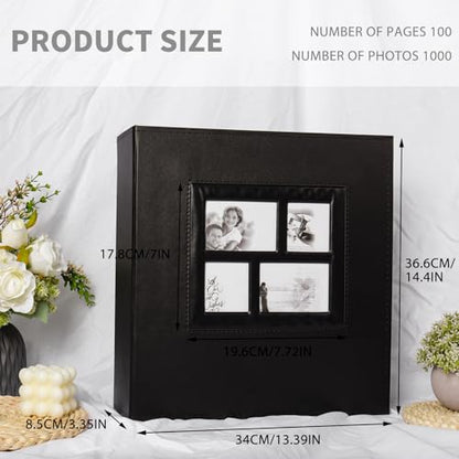 RECUTMS Photo Album 4x6 1000 Pockets Large Leather Family Photo Album Black | Extra Large Capacity, Black Page, Hold 1000 Horizontal and Vertical Photos, Anniversary Wedding Picture Book,DIY Cover Window - color: Black, size: 1000 pockets