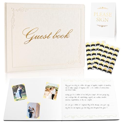 8x10 Inch Wedding Guest Book - 120 Blank & Lined Pages, Gold Foil PU Leather Hardbound Cover, Durable Sewn Binding, White - color: White