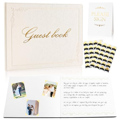 8x10 Inch Wedding Guest Book - 120 Blank & Lined Pages, Gold Foil PU Leather Hardbound Cover, Durable Sewn Binding, White - color: White