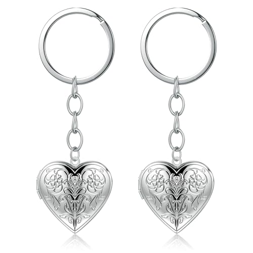 2PCS Elegant Heart Locket Keychain with Decorative Chain Stainless steel, Heart Pattern Design, Photo Frame Pendant - color: Heart-4