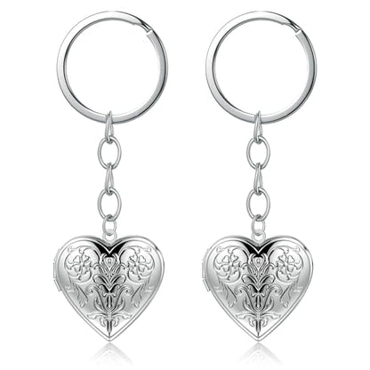 2PCS Elegant Heart Locket Keychain with Decorative Chain Stainless steel, Heart Pattern Design, Photo Frame Pendant - color: Heart-4
