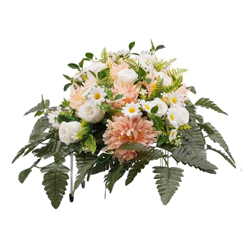 Artificial Realistic Flowers, Silk Outdoor Headstone Decor, Grave Decorations Funeral Arrangements, Yellow Red Wildflower Saddle for Headstone