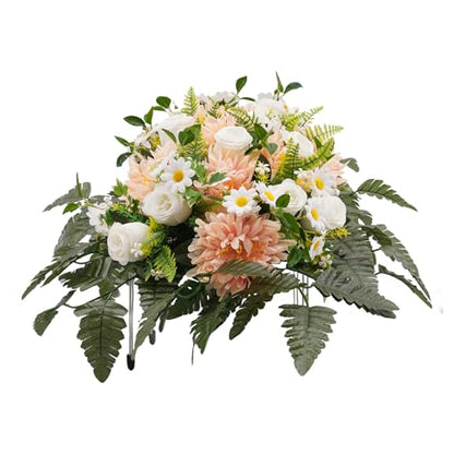 Artificial Realistic Flowers, Silk Outdoor Headstone Decor, Grave Decorations Funeral Arrangements, Yellow Red Wildflower Saddle for Headstone