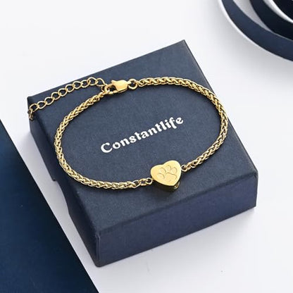 constantlife Heart Cremation Urn Bracelet for Ashes - Stainless Steel Paw Print Pendant Keepsake Jewelry Adjustable Braided Wristband Bangle Pet Dog Cat Memorial Gift for Women - color: Style 2-Golden