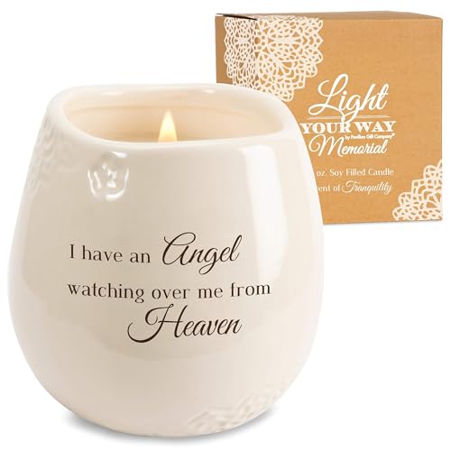 Pavilion Light Your Way Memorial Ceramic Vessel - 100% Soy Wax Candle with "I Have an Angel Watching Over Me From Heaven" Text, Decorative Soy Filled Candle, Scent of Tranquility, 8 oz, White - style: In Memory, Angel Watching