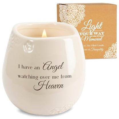 Pavilion Light Your Way Memorial Ceramic Vessel - 100% Soy Wax Candle with "I Have an Angel Watching Over Me From Heaven" Text, Decorative Soy Filled Candle, Scent of Tranquility, 8 oz, White - style: In Memory, Angel Watching